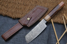 Load image into Gallery viewer, 11&quot; Handmade Santoku Damascus Chef Knife Olive Wood &amp; Dark wood Handle with Leather Sheath Chef Knife White Hills Knives 