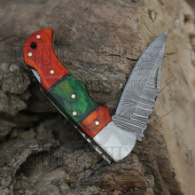 Load image into Gallery viewer, 6.5&quot; Handmade Damascus Pocket Knife - Folding Pocket Knife - Color Wood Handle WH 5032 Folding Knife White Hills Knives 