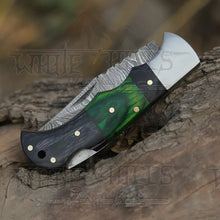 Load image into Gallery viewer, 6.5&quot; Handmade Damascus Pocket Knife - Folding Pocket Knife - Color Wood Handle WH 5034 Folding Knife White Hills Knives 