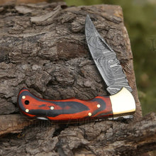 Load image into Gallery viewer, 6.5&quot; Handmade Damascus Pocket Knife - Folding Pocket Knife - Stained Wood Handle WH 5028 Folding Knife White Hills Knives 