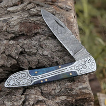 Load image into Gallery viewer, 8&quot; Handmade Blue Dollar Sheet Handle Folding Pocket Knife With Engraved Frame Work Folding Knife White Hills Knives 