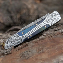 Load image into Gallery viewer, 8&quot; Handmade Blue Dollar Sheet Handle Folding Pocket Knife With Engraved Frame Work Folding Knife White Hills Knives 