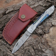 Load image into Gallery viewer, 8&quot; Handmade Blue Dollar Sheet Handle Folding Pocket Knife With Engraved Frame Work Folding Knife White Hills Knives 