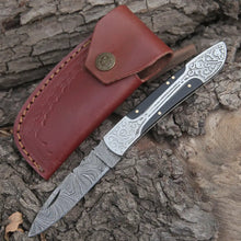 Load image into Gallery viewer, 8&quot; Handmade Bull Horn Handle Folding Pocket Knife With Engraved Frame Work Folding Knife White Hills Knives 