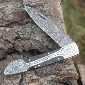 8" Handmade Bull Horn Handle Folding Pocket Knife With Engraved Frame Work Folding Knife White Hills Knives 