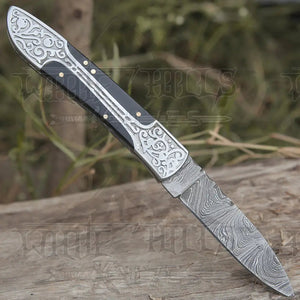 8" Handmade Bull Horn Handle Folding Pocket Knife With Engraved Frame Work Folding Knife White Hills Knives 