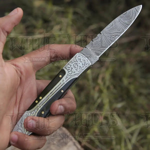 8" Handmade Bull Horn Handle Folding Pocket Knife With Engraved Frame Work Folding Knife White Hills Knives 