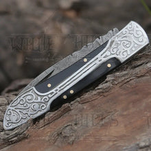 Load image into Gallery viewer, 8&quot; Handmade Bull Horn Handle Folding Pocket Knife With Engraved Frame Work Folding Knife White Hills Knives 