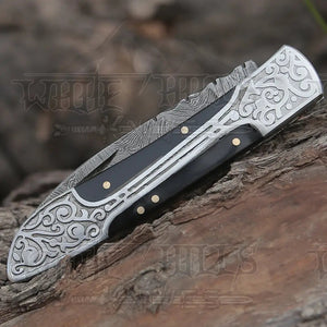 8" Handmade Bull Horn Handle Folding Pocket Knife With Engraved Frame Work Folding Knife White Hills Knives 