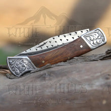 Load image into Gallery viewer, 9&quot; Handmade Engraved Bolster Pocket Knife - Pocket Folding Knife - Dark Wood Handle WH 5035 Folding Knife White Hills Knives 
