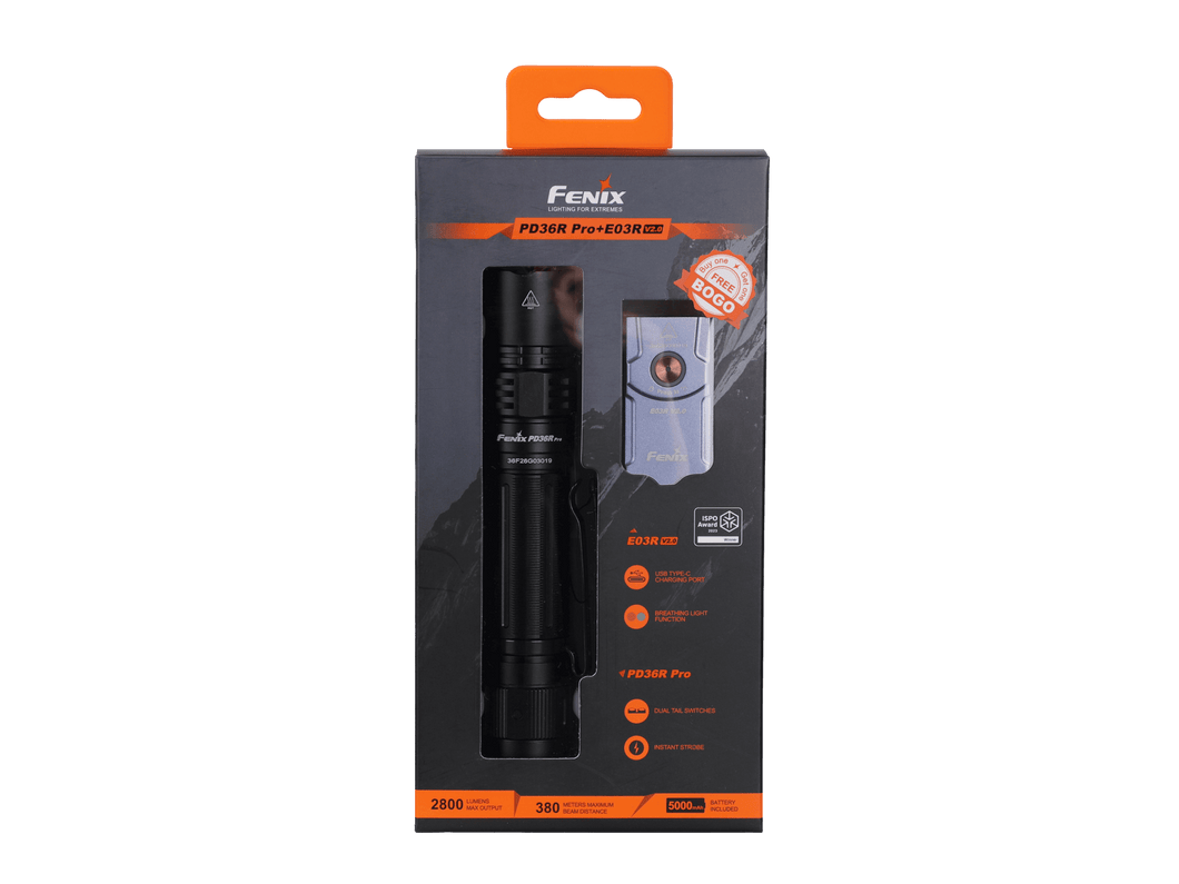 Fenix PD36R Pro 2800 Lumen Flashlight + FREE E03R V2 Keychain Light Tactical Flashlight Fenix Store PD36R Pro + FREE E03R V2 Blue 