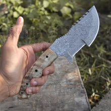 Load image into Gallery viewer, White Hills Knives Tracker Knife 10”Custom Hand Made Forged Damascus Steel Tracker Hunting Camping Knife With Ram Horn Handle WH 3845