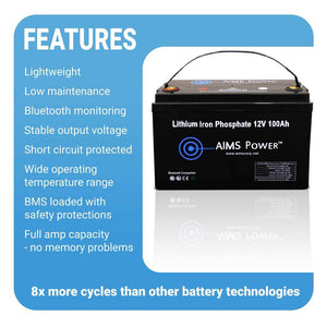 AIMS Power Lithium Battery 12V 100Ah LiFePO4 Lithium Iron Phosphate with Bluetooth Monitoring Batteries AIMS Power 